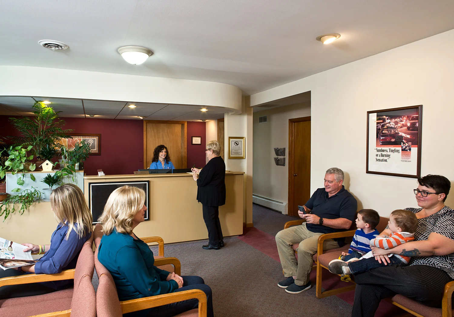 Waiting room and front desk at Lefebvre Chiropractic